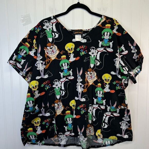 Women’s Looney Tunes Scrub Top What’s Up Doc? Taz Bugs Bunny Tweety Bird Sz 3xl - Picture 3 of 16